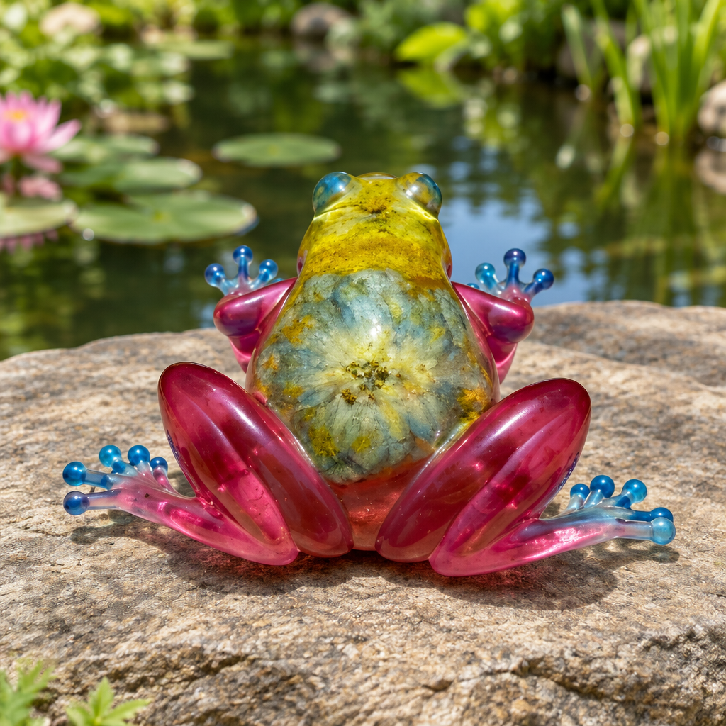 Pink, blue, and yellow resin frog figurine with dried botanical inclusions resting on a stone beside a garden pond
