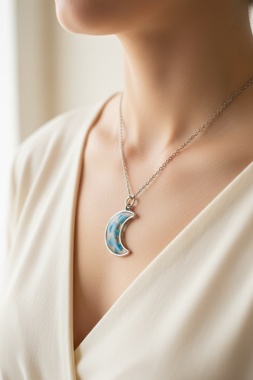 Close-up lifestyle photo of handmade silver crescent moon pendant necklace with pressed blue forget-me-not flowers in resin, worn at the collarbone on a white ivory top in soft natural light