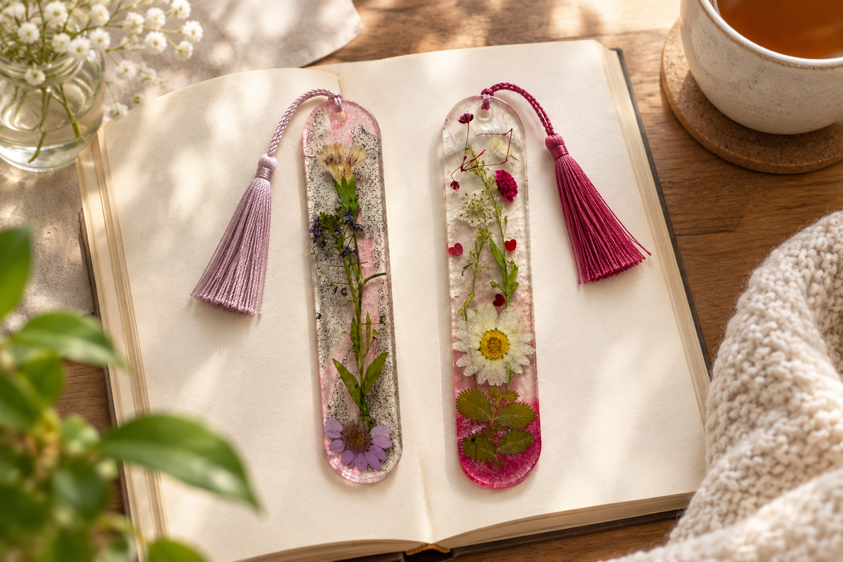Two distinct handmade floral resin bookmarks side by side on an open book in a bright reading nook.
