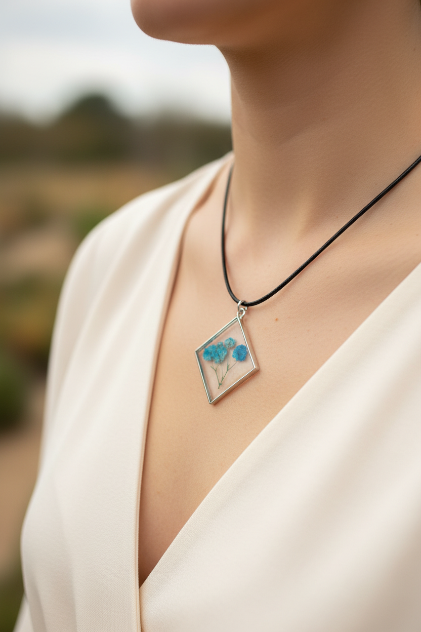 Woman wearing handmade clear epoxy resin diamond pendant necklace with preserved teal blue gypsophila baby's breath flowers in silver frame on black cord, resting against collarbone over cream top in soft diffused natural light