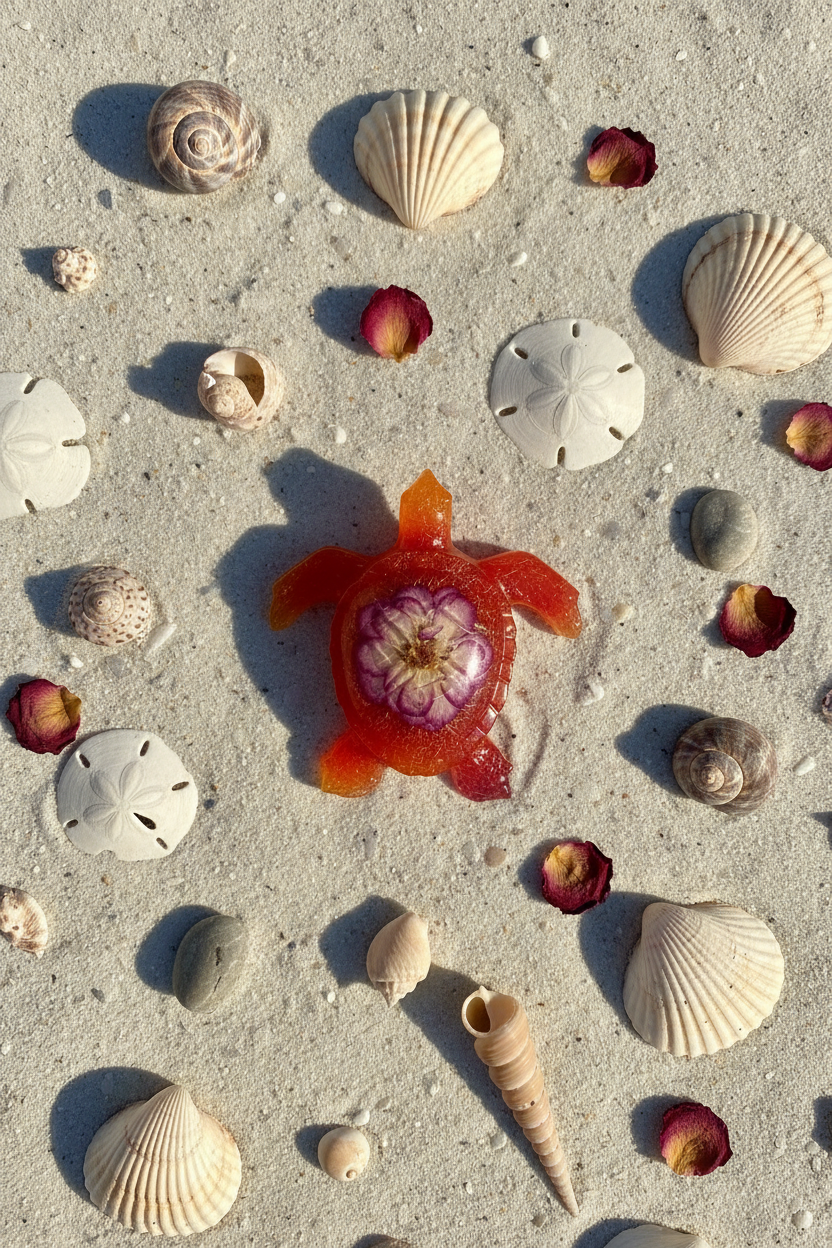 Lifestyle flat lay of orange-red gradient resin sea turtle figurine with purple and white mini rose on sandy coastal surface with seashells