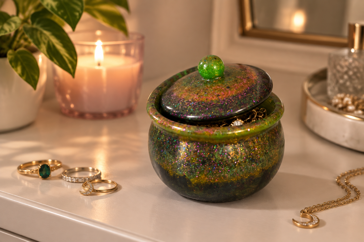 Green, gold, and black glitter swirl cauldron trinket jar with lid ajar on a vanity surrounded by jewelry and candlelight