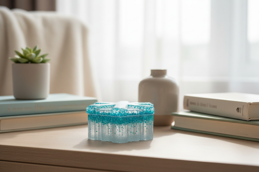 Turquoise and blue snowflake resin jewelry box displayed on a light wood shelf in a cozy lifestyle setting