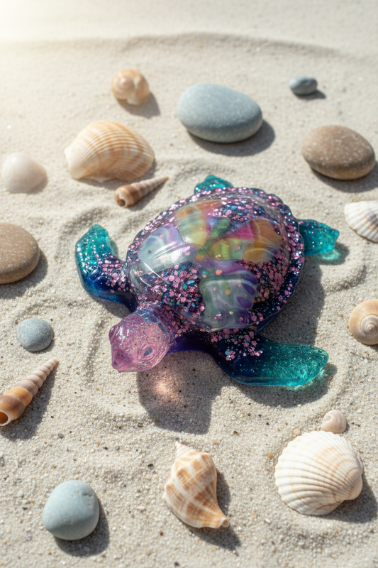 Close-up lifestyle shot of pink iridescent glitter resin sea turtle shell with butterfly detail and navy teal flippers on sandy surface