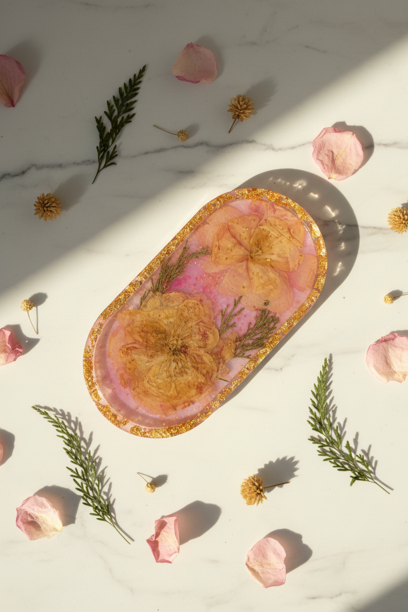 Lifestyle flat lay of pink and gold larkspur resin trinket tray with gold flake rim on white marble surface surrounded by pink dried petals, golden botanicals, and green fern fronds