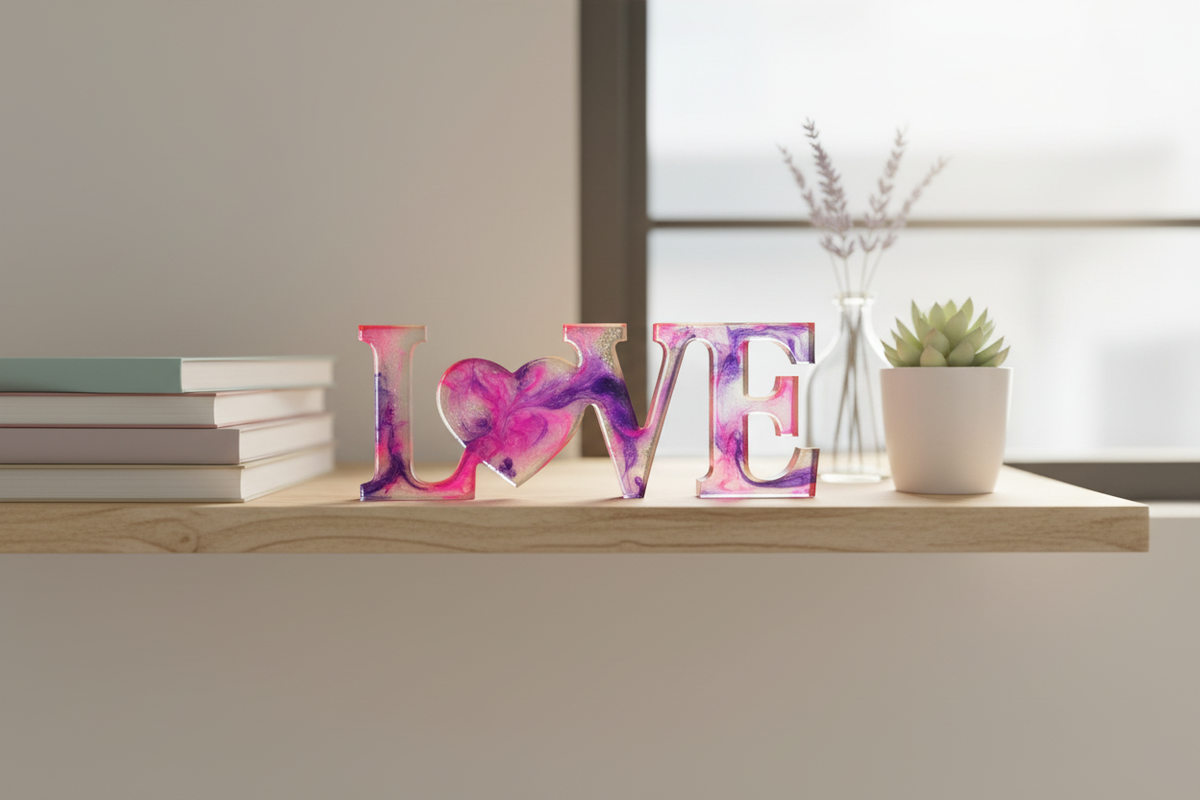 Pink and purple love decor piece displayed on a styled shelf or bookcase