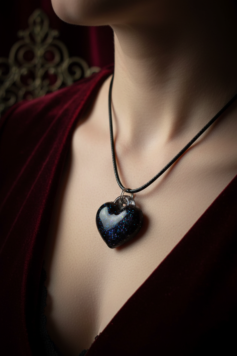 Lifestyle photo of gothic black heart glitter resin pendant necklace worn at collarbone with moody dark background