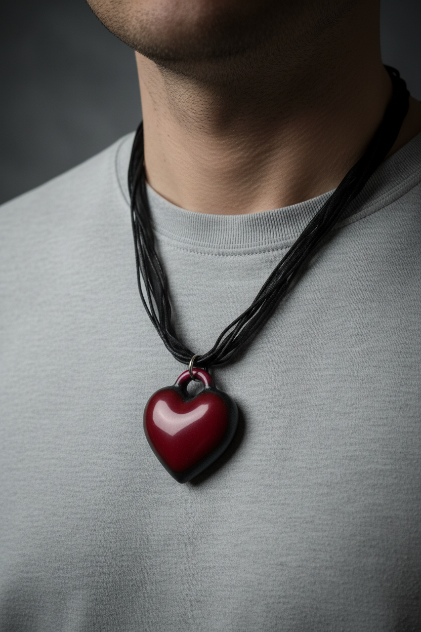 Man wearing handmade deep crimson red puffy resin heart pendant necklace with black edge border on multi-strand black ribbon cord necklace, pendant resting against collarbone over white shirt in moody gothic atmospheric lighting with soft dark smoky background