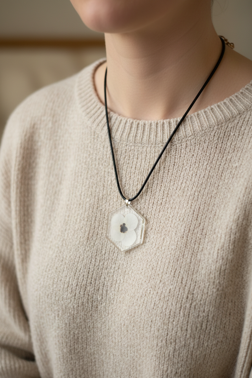 White remembrance poppy hexagon pendant necklace with black center on a black cord being worn