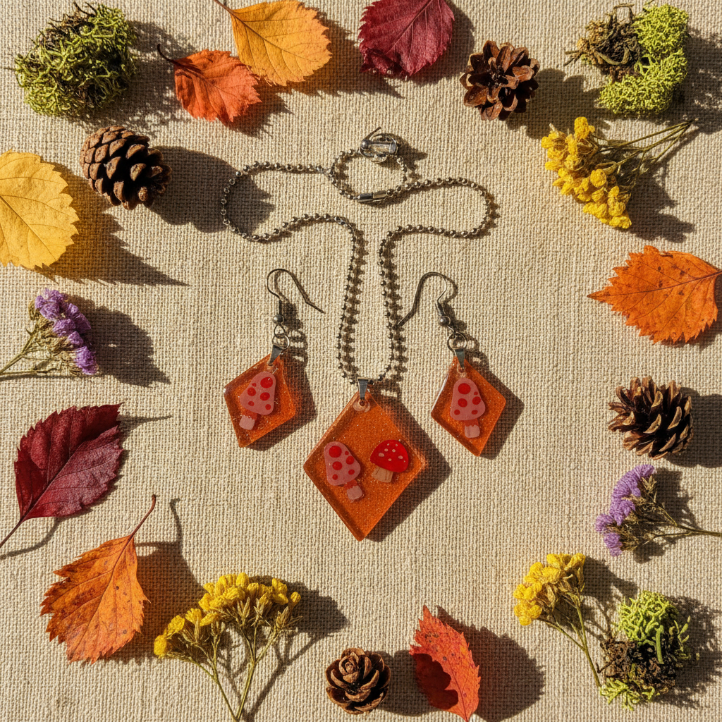 Overhead flat lay of handmade rustic orange amber resin diamond jewelry set on cream linen surrounded by dried autumn leaves, acorns, and wildflowers — diamond pendant necklace on silver ball chain and matching dangle earrings with embedded toadstool mushroom charms