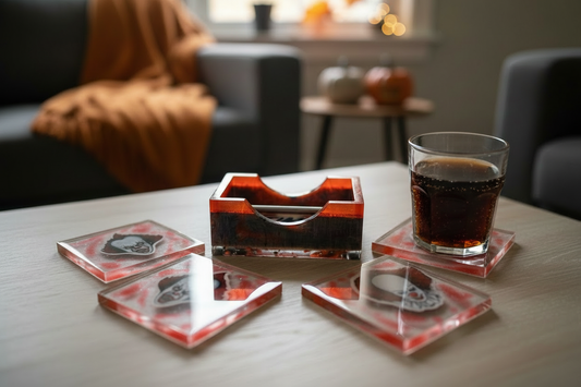 Lifestyle photo of the IT Pennywise coaster set with a clear glass on one coaster