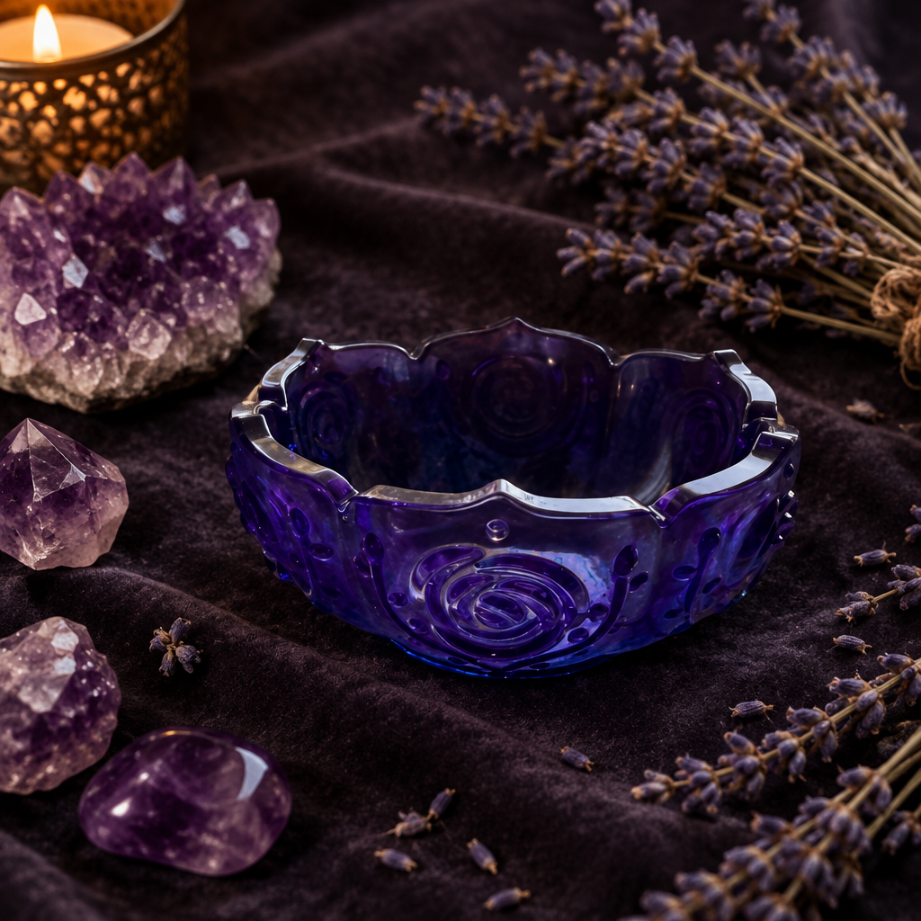Deep purple and blue resin lotus petal trinket bowl shown flat on dark velvet with amethyst crystals and dried lavender