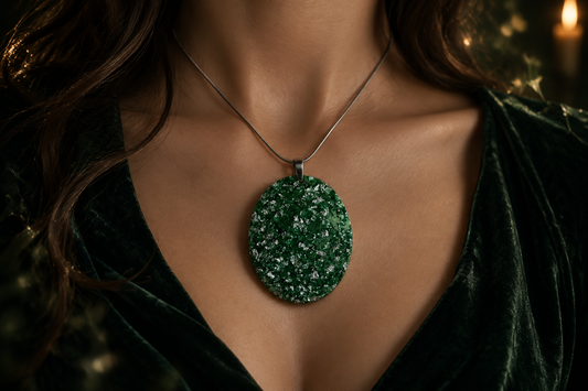 Emerald green and silver foil oval resin pendant necklace being worn