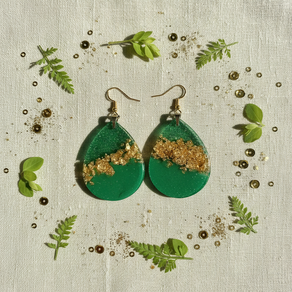 Botanical flat lay of handmade emerald green and gold foil teardrop resin earrings on sage linen, surrounded by green leaves, fern fronds, and gold glitter accents