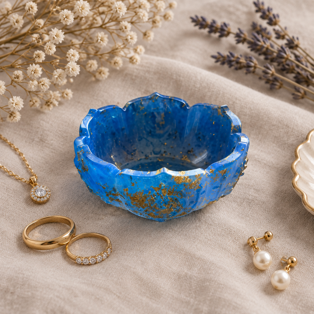 Blue and gold foil resin scalloped trinket bowl shown flat on linen with jewelry and dried flowers