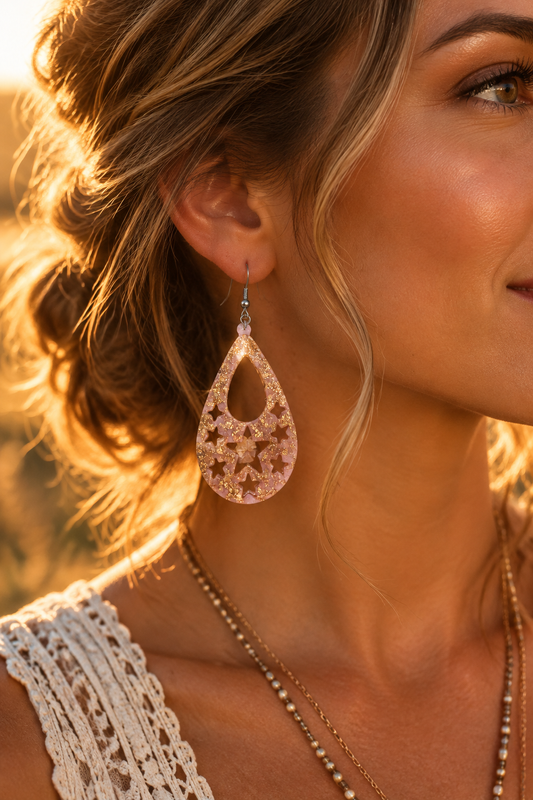 Model wearing rose gold glitter star teardrop earrings in golden hour light