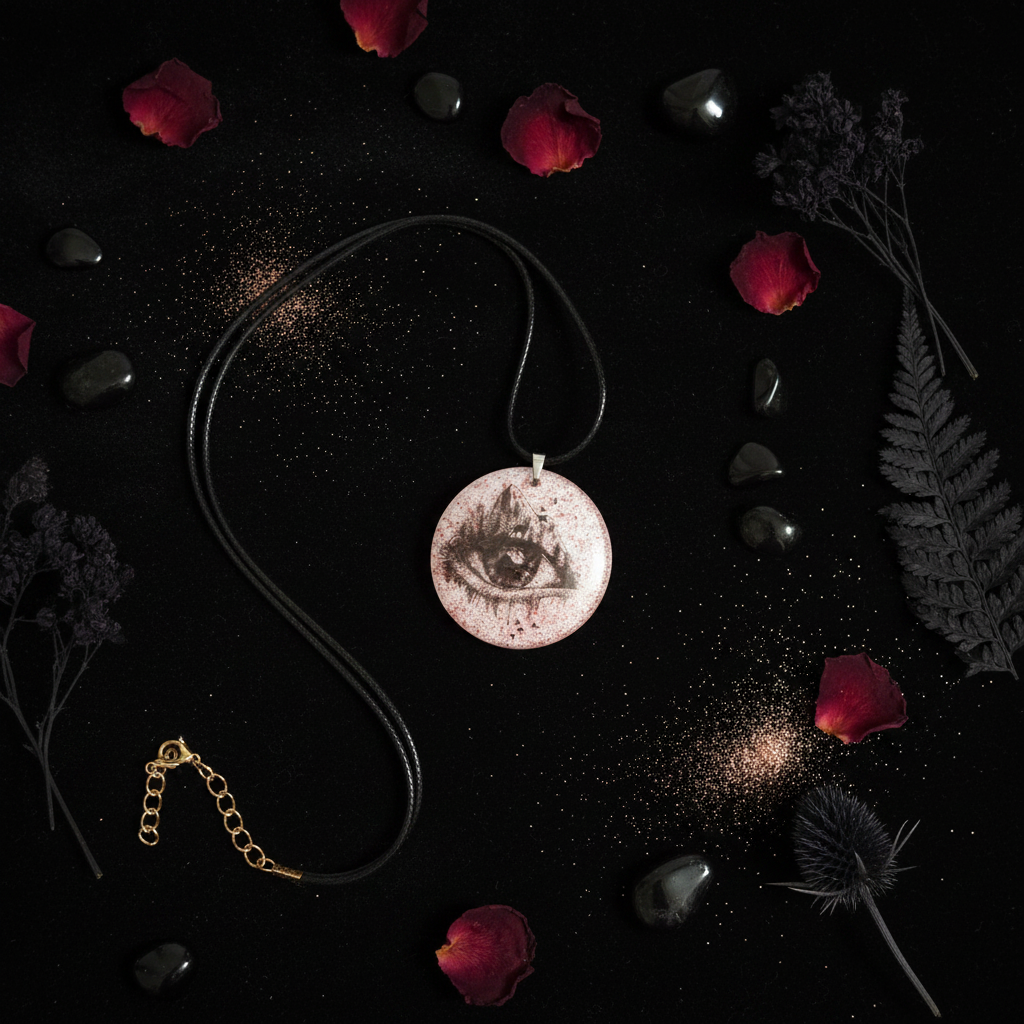 Moody gothic flat lay of handmade rose gold glitter resin eye pendant necklace on black velvet, surrounded by dried dark red roses, black crystals, and rose gold glitter dust