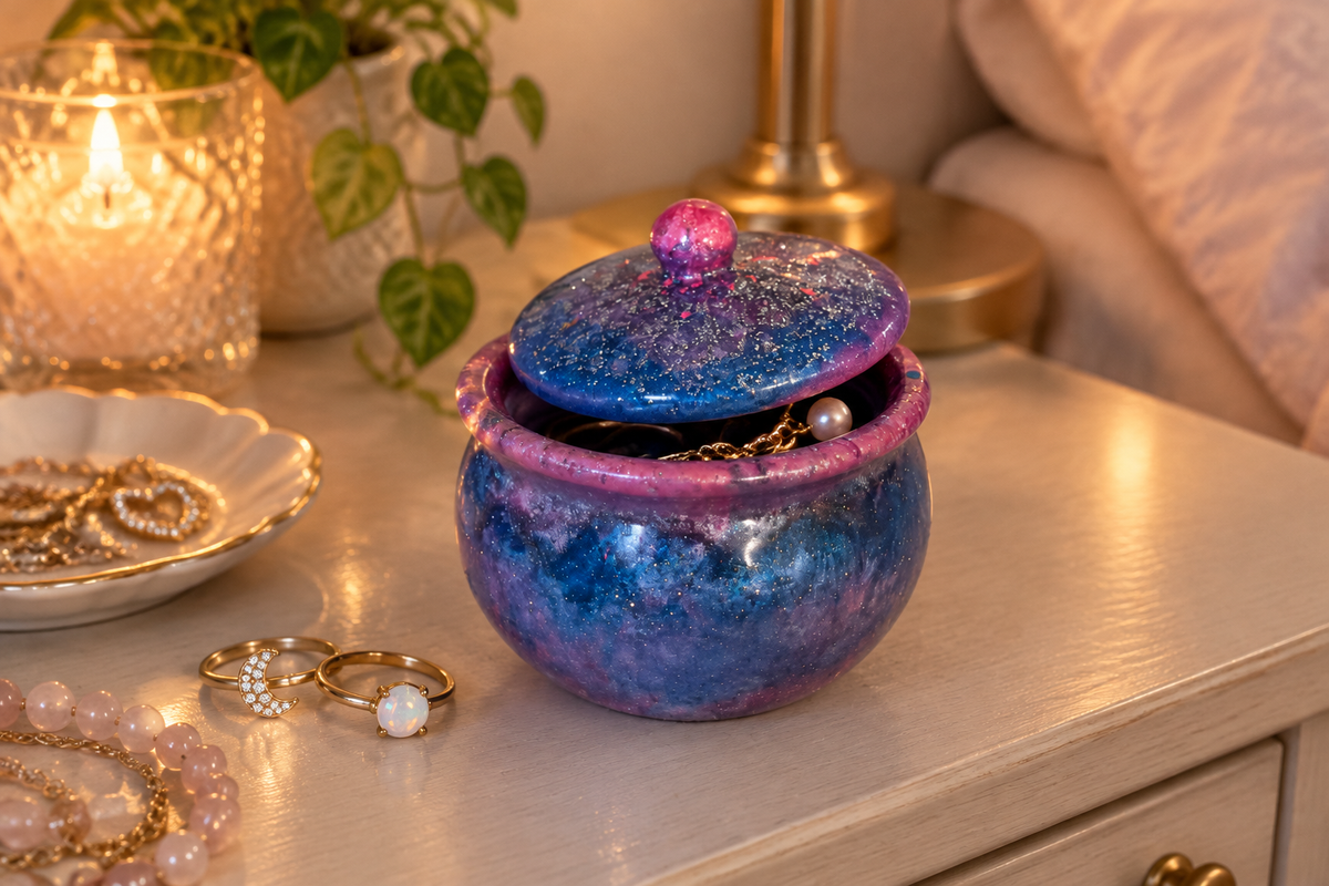 Galaxy blue, purple, and pink glitter swirl cauldron trinket jar with lid ajar on a vanity surrounded by jewelry and candlelight