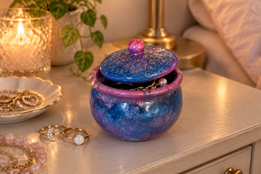 Galaxy blue, purple, and pink glitter swirl cauldron trinket jar with lid ajar on a vanity surrounded by jewelry and candlelight