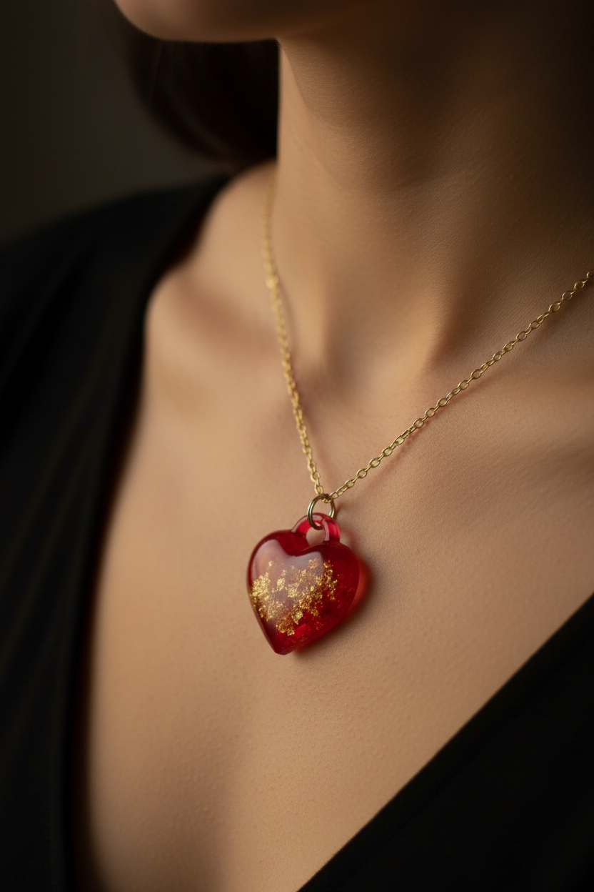 Close-up lifestyle photo of crimson heart resin pendant with gold foil worn at collarbone