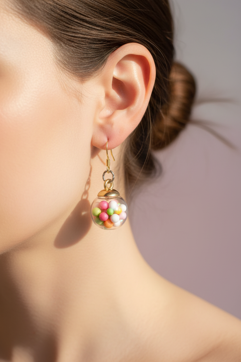 Lifestyle close-up of woman wearing pastel gumball globe dangle earrings with transparent clear globe filled with multicolored pastel mini beads in pink, orange, yellow, green and white with gold fishhook ear wire in soft natural light