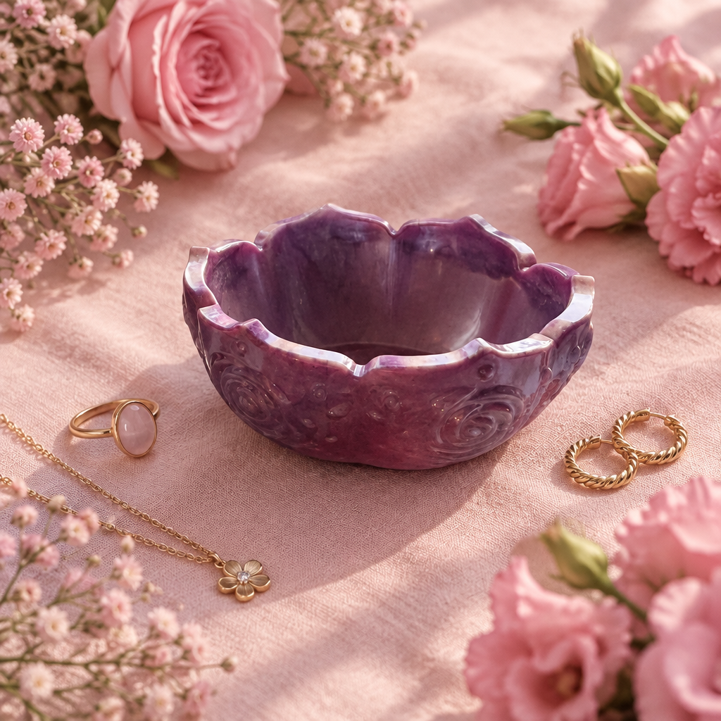Soft pink and purple resin lotus petal trinket bowl shown flat on pink linen with roses and gold jewelry