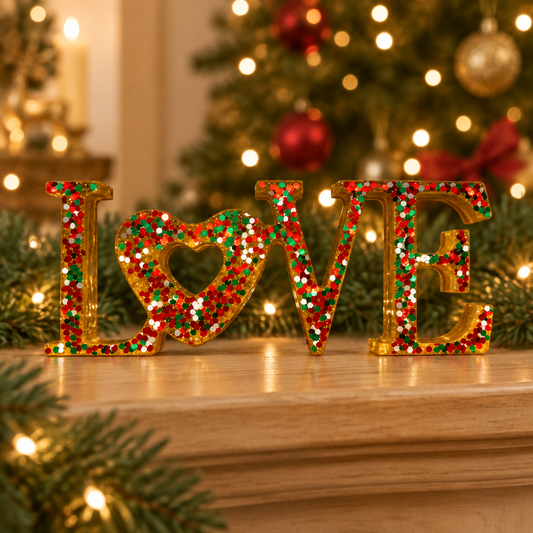Resin LOVE ornament with a heart-shaped O and red, green, and white confetti displayed on a Christmas mantel with warm tree lights