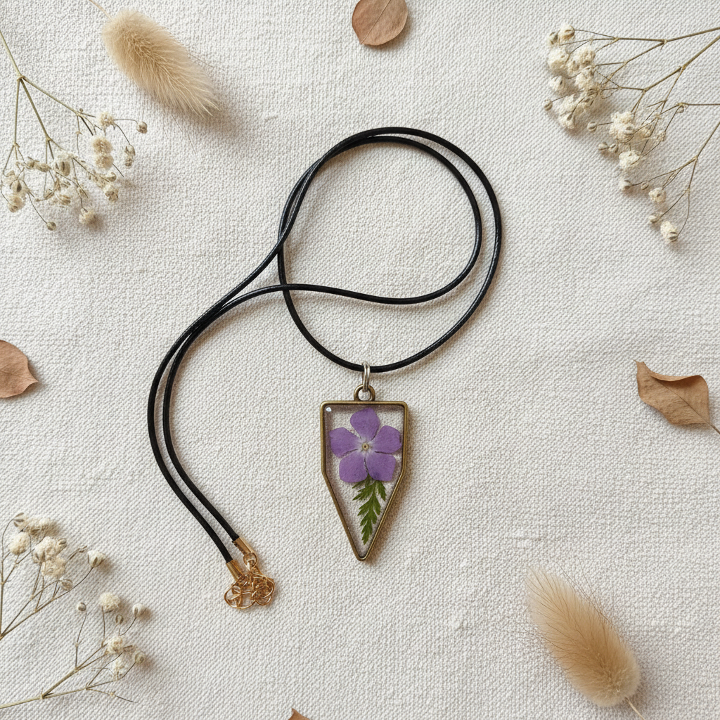 Flat-lay of a handmade shield-shaped resin pendant necklace with a real pressed purple periwinkle flower and green leaves, bronze-tone frame, and black cord, styled on cream linen