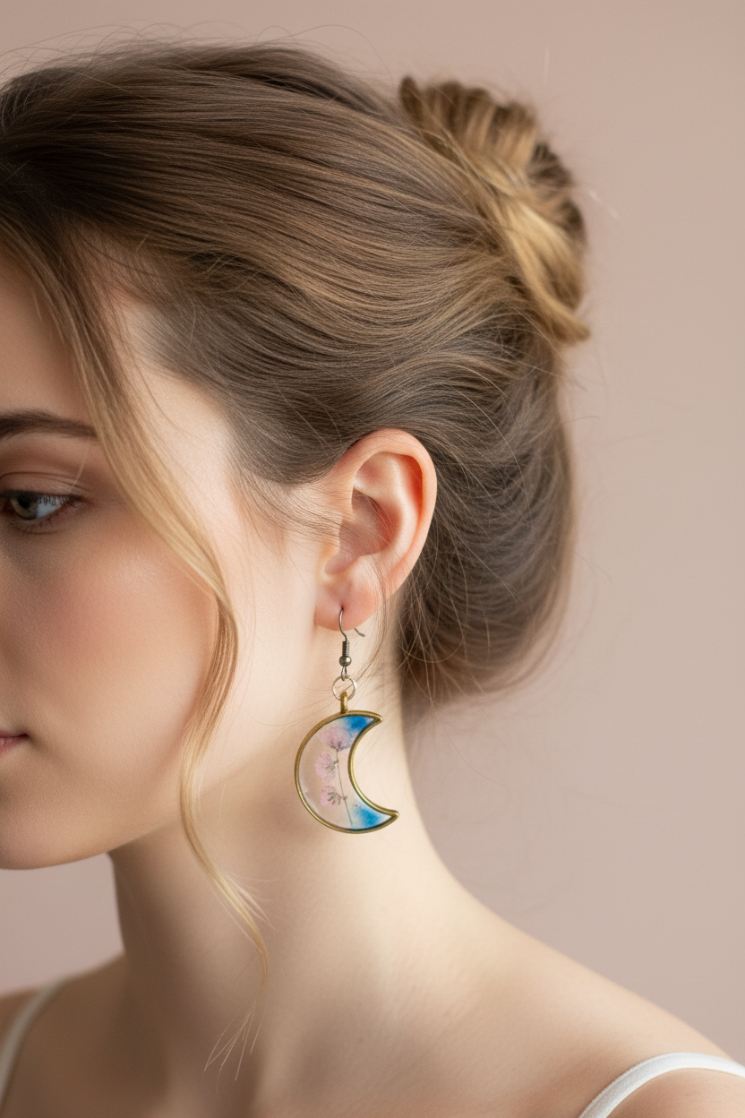 Close-up lifestyle photo of handmade gold crescent moon earrings with blue alcohol ink and real pressed pink cherry blossoms in resin, worn on ear in soft natural light against blush background