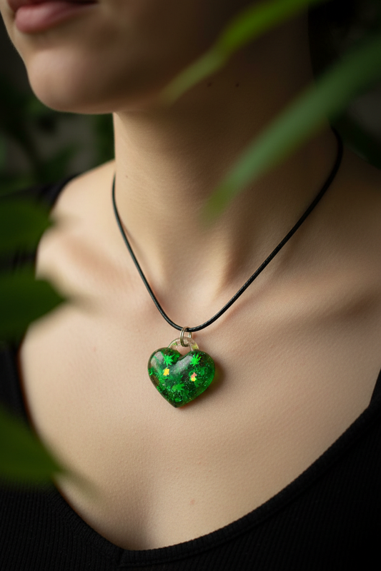 Close-up lifestyle photo of botanical leaf heart resin pendant necklace worn at collarbone