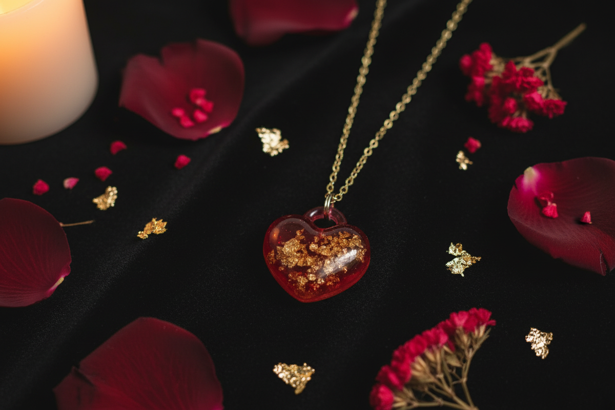 Handmade deep crimson red epoxy resin heart pendant necklace with chunky gold leaf flake inclusions on gold-tone link chain, arranged in flat lay on dark burgundy velvet surface surrounded by scattered dark red rose petals, gold leaf flakes, and dried red flowers in warm moody candlelight lighting
