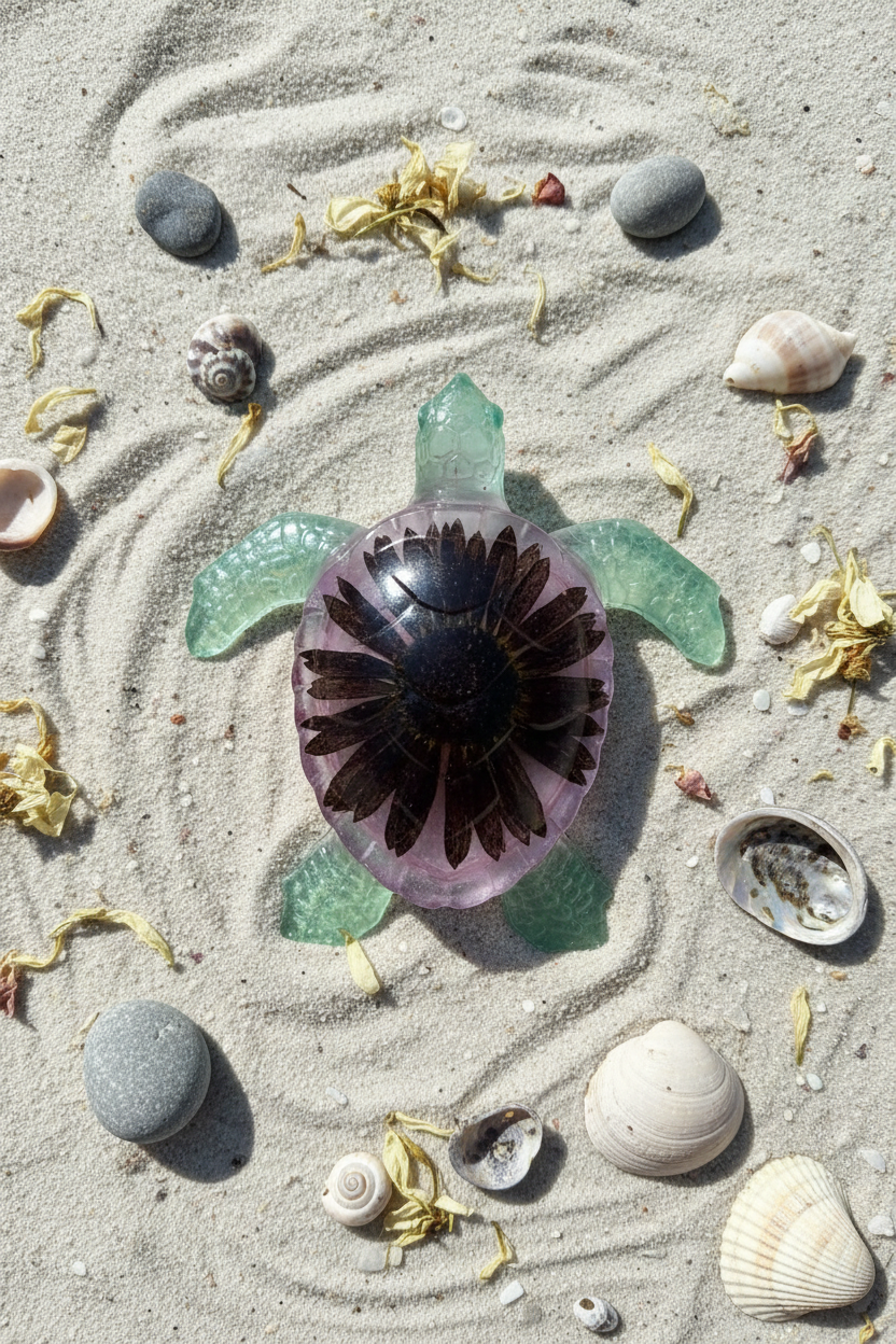 Lifestyle flat lay of resin sea turtle figurine with dark Black-Eyed Susan flower in translucent purple shell and mint green flippers on sandy surface with seashells
