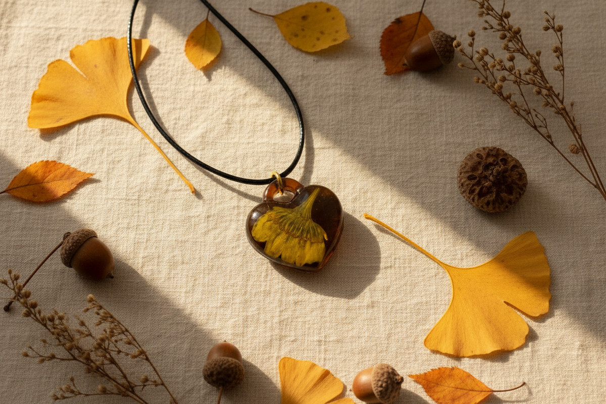 Handmade deep amber brown epoxy resin heart pendant necklace with preserved golden yellow ginkgo leaf inside on black wax cord with gold ring, arranged in flat lay on cream linen surface surrounded by scattered golden ginkgo leaves, autumn leaves, acorns, and dried botanicals in warm soft natural daylight