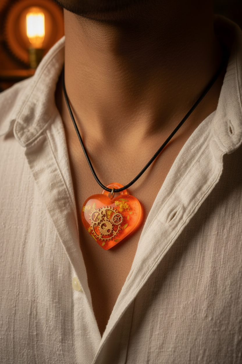 Man wearing handmade orange epoxy resin heart pendant necklace with gold steampunk clock gears on black wax cord, resting against chest over white linen shirt in warm moody atmospheric lighting with gold gears clearly visible