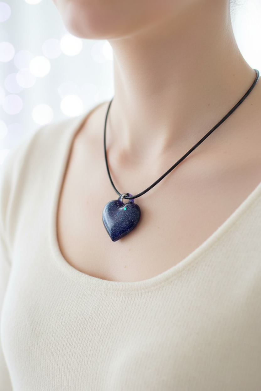 Woman wearing handmade deep navy blue epoxy resin heart pendant necklace with blue purple galaxy glitter and glowing teal star detail on black wax cord, pendant resting against collarbone over white top in soft ethereal lighting with light lavender dreamy bokeh background
