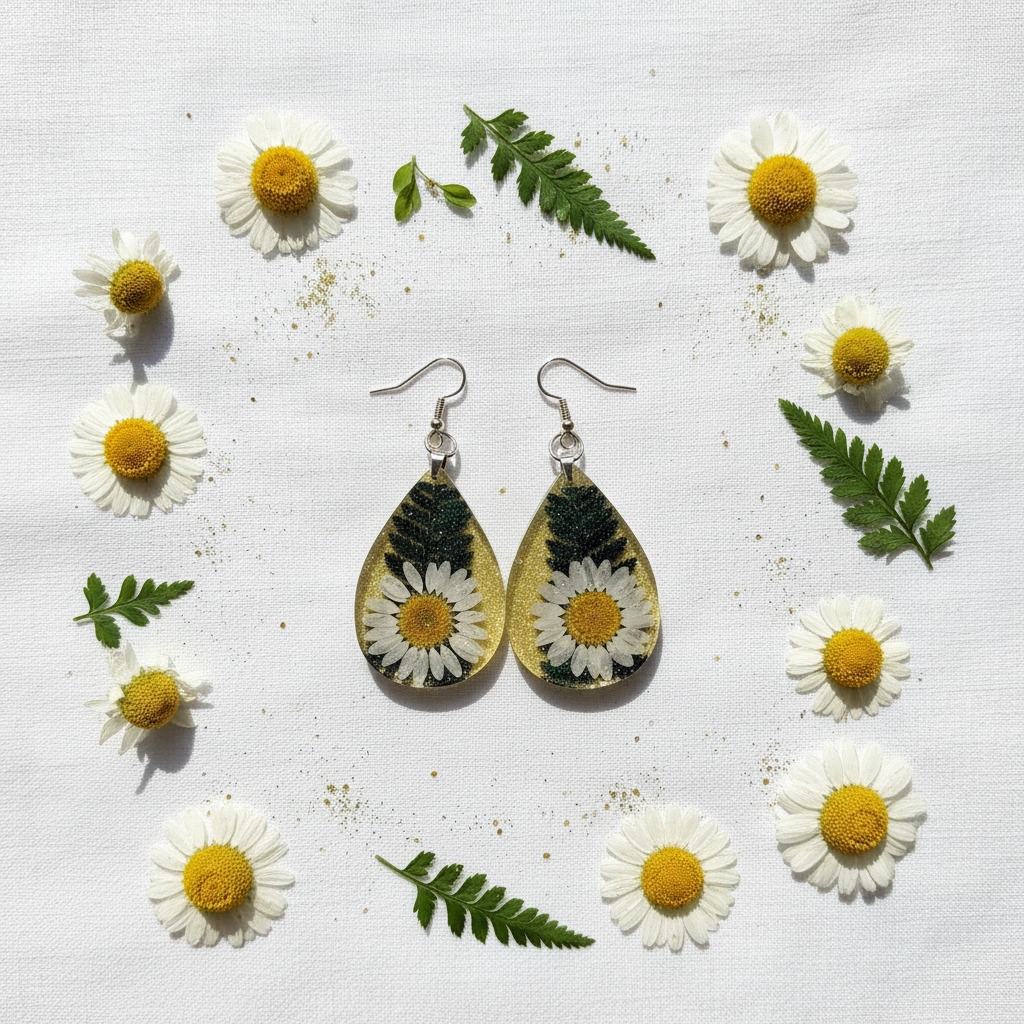 Botanical flat lay of handmade teardrop resin earrings with pressed white daisies and ferns in golden glitter resin on white linen, surrounded by fresh daisy flowers, fern fronds, and green leaves