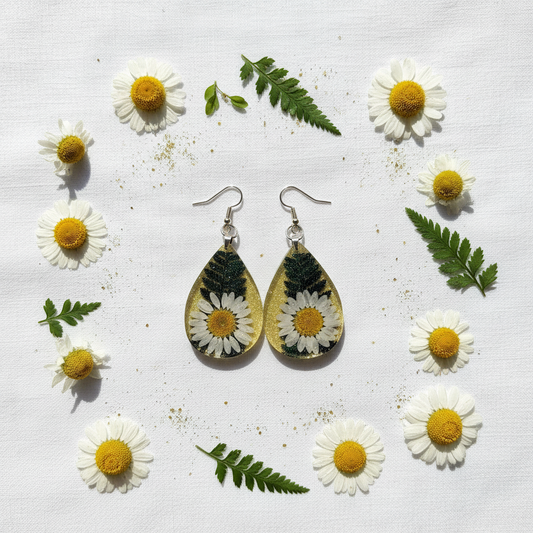 Botanical flat lay of handmade teardrop resin earrings with pressed white daisies and ferns in golden glitter resin on white linen, surrounded by fresh daisy flowers, fern fronds, and green leaves