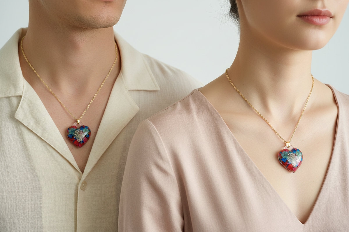 Man and woman both wearing matching handmade clear epoxy resin heart pendant necklaces filled with vibrant dried botanicals including red petals, blue flowers, teal green flowers, and white queen anne's lace on gold-tone chains, pendants resting side by side against their chests in soft natural lighting