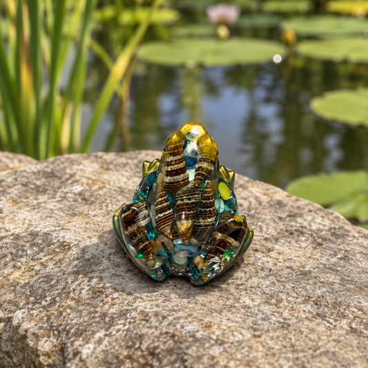 Small resin frog figurine with embedded seashells and teal and gold accents resting on a stone beside a pond