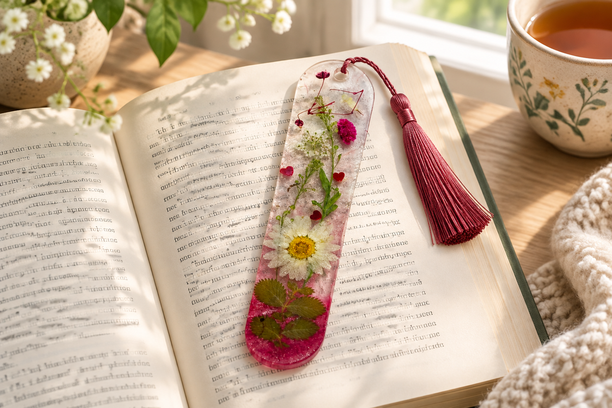 Handmade daisy bookmark styled in an open book in a bright reading nook.