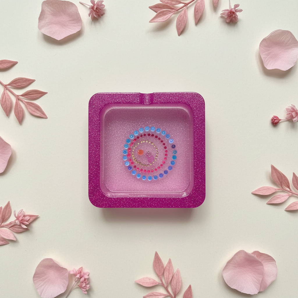 Flat-lay of a handmade square fuchsia pink glitter resin ashtray with raised edges, a single top-center notch, and a blue, red, and gold concentric mandala dot design