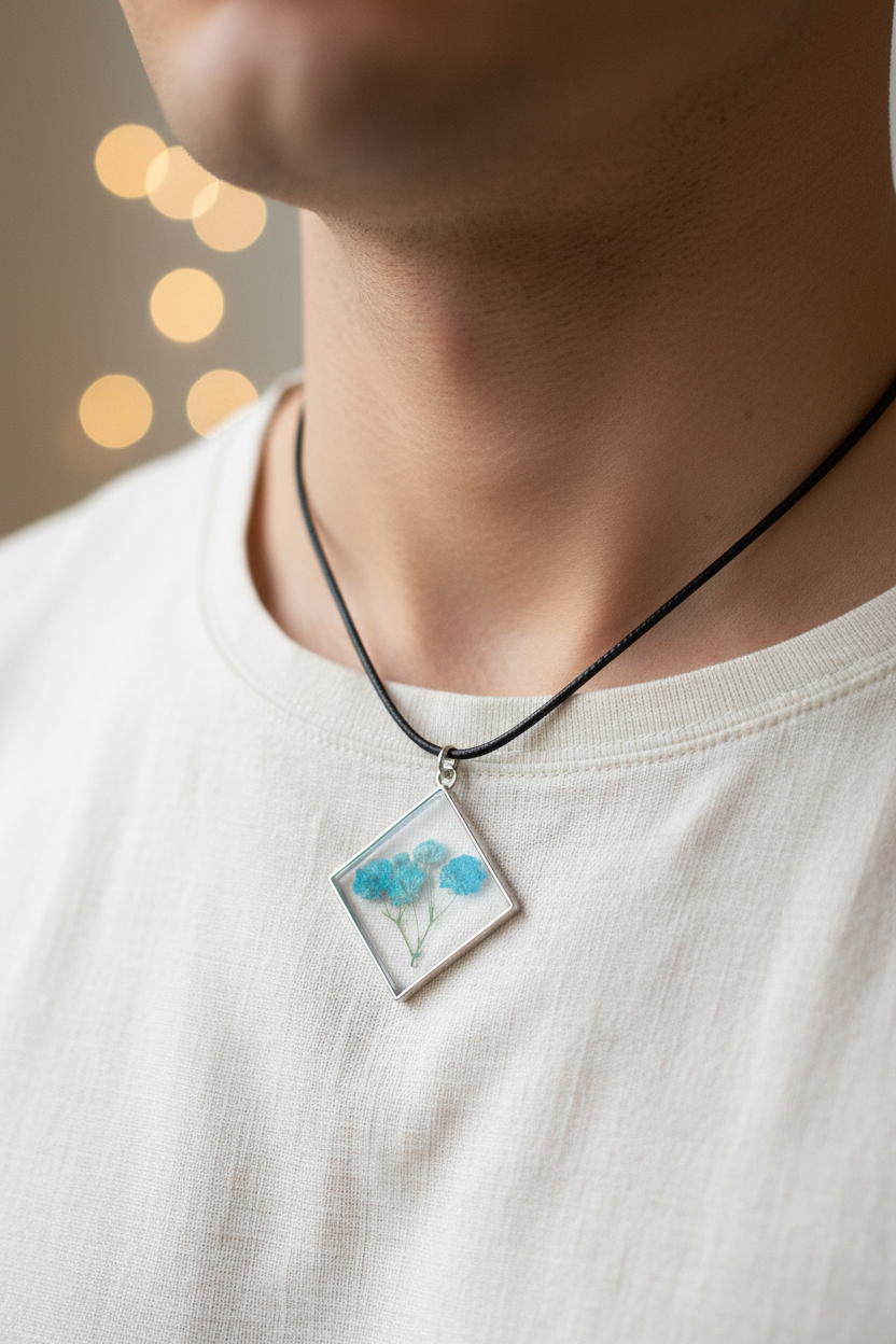 Man wearing handmade clear epoxy resin diamond pendant necklace with preserved teal blue gypsophila baby's breath flowers in silver frame on black wax cord, resting against chest over white t-shirt in soft diffused natural light