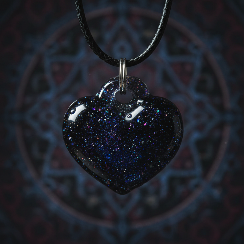 Close-up macro photo of gothic black heart resin pendant showing deep blue and purple glitter shimmer detail