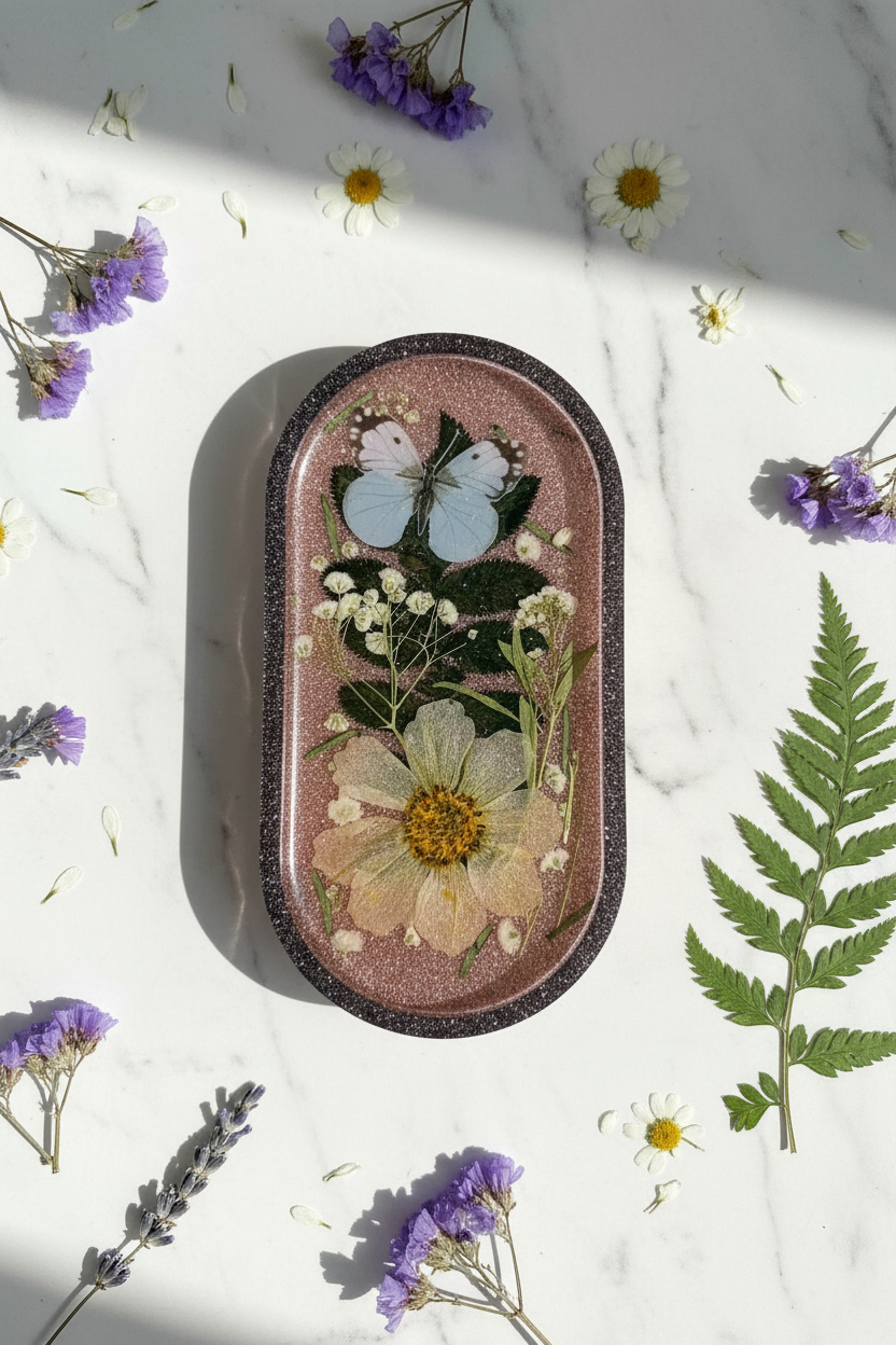 Top-down lifestyle flat lay of black and white butterfly botanical resin trinket tray with rose gold glitter rim on white marble surface surrounded by dried daisies and fern sprigs