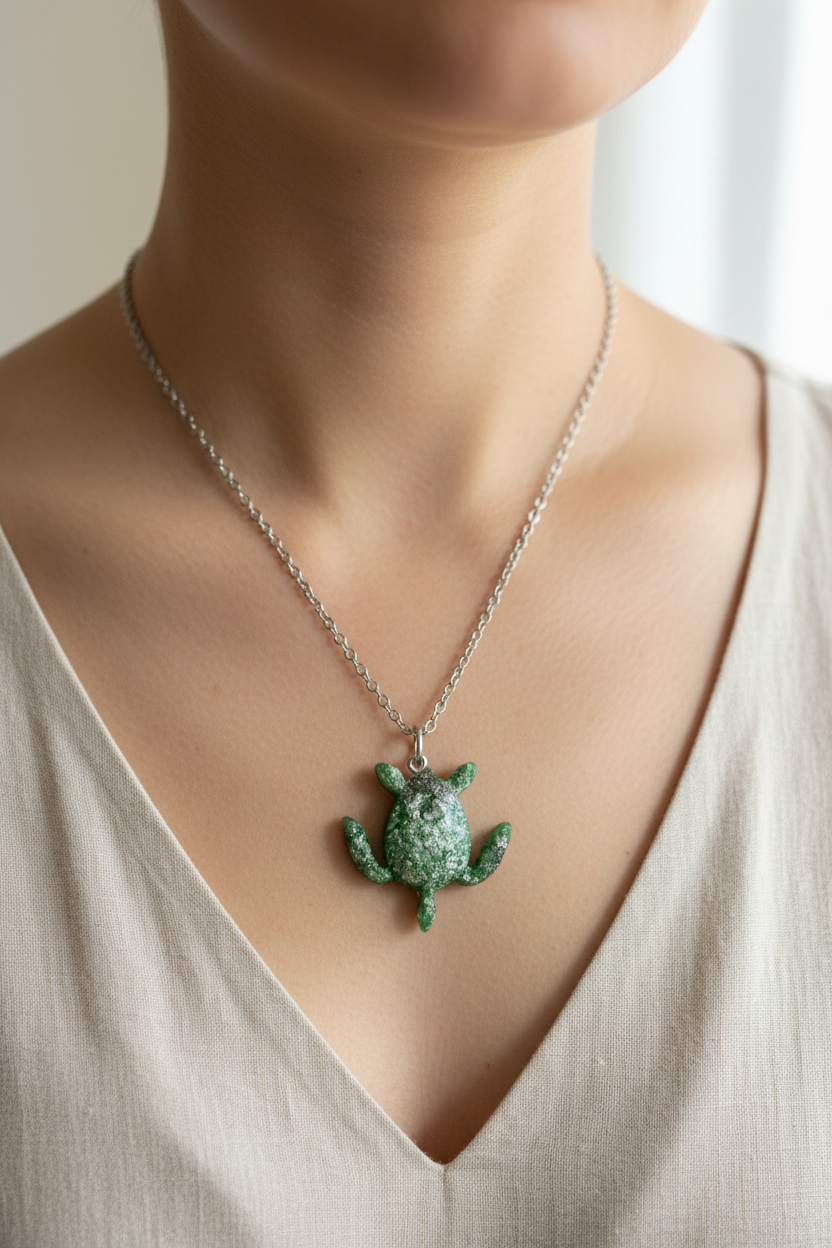 Close-up lifestyle photo of handmade green and silver resin sea turtle pendant necklace being worn at the collarbone on a white linen top, showing the textured resin turtle with silver foil shimmer catching natural light