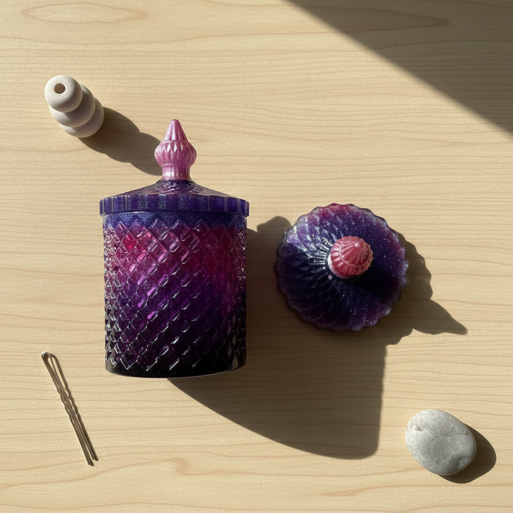 Flat-lay lifestyle photo of a purple and pink faceted resin decor jar with its finial lid