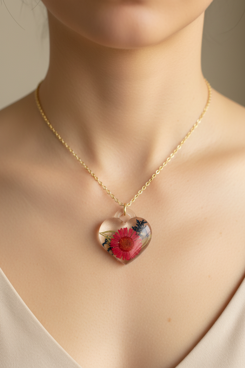 Close-up lifestyle photo of pressed red daisy botanical heart resin pendant worn at collarbone