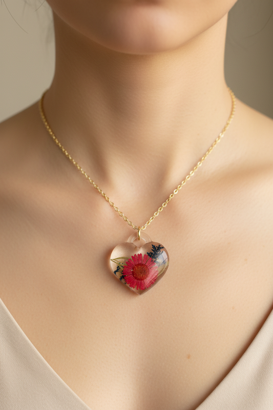 Close-up lifestyle photo of pressed red daisy botanical heart resin pendant worn at collarbone