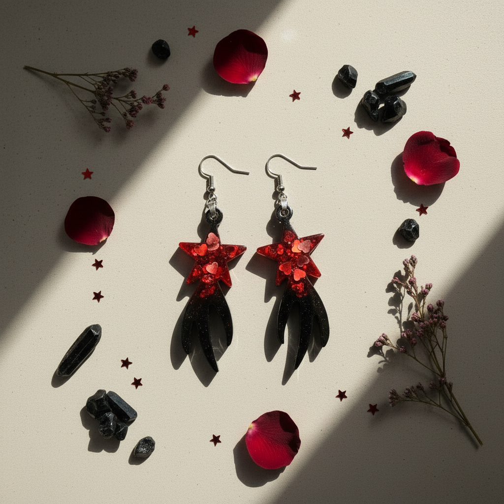 Editorial flat lay of handmade Y2K grunge shooting star dangle earrings on light grey concrete surface — fiery red five-pointed star resin with heart confetti glitter and three jagged black resin trailing points, surrounded by red rose petals and black crystals