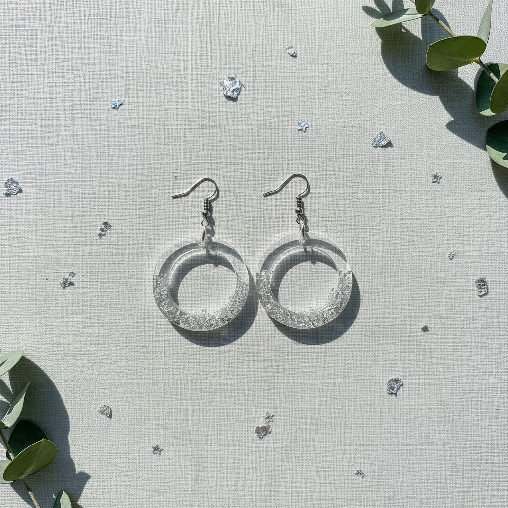 Minimalist flat lay of handmade clear resin open-hoop earrings with silver foil ombré effect on cool grey linen surface, surrounded by silver foil accents and eucalyptus sprigs